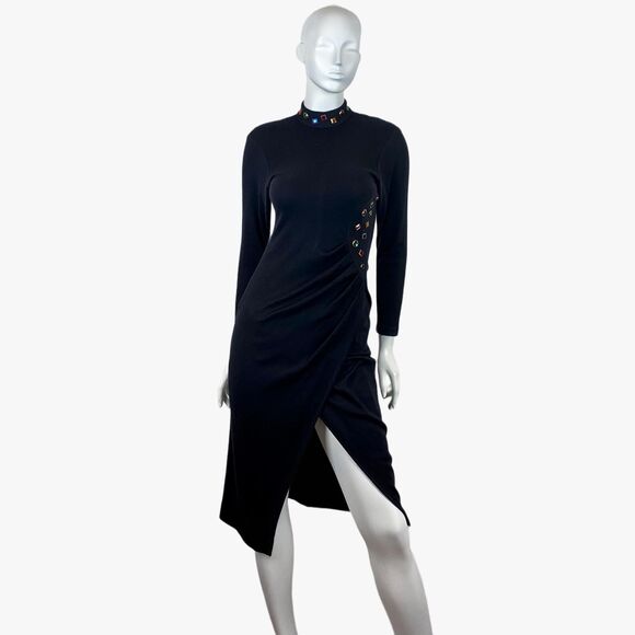 Vintage Dresses & Skirts - VTG Black Dress Multicolored Rhinestone Mock Neck Stretch Long Sleeve 80s 90s